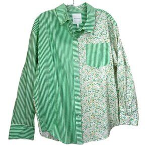 AVEC LES FILLES Cotton Floral Striped Oversized Mixed Print Shirt Button Up Top